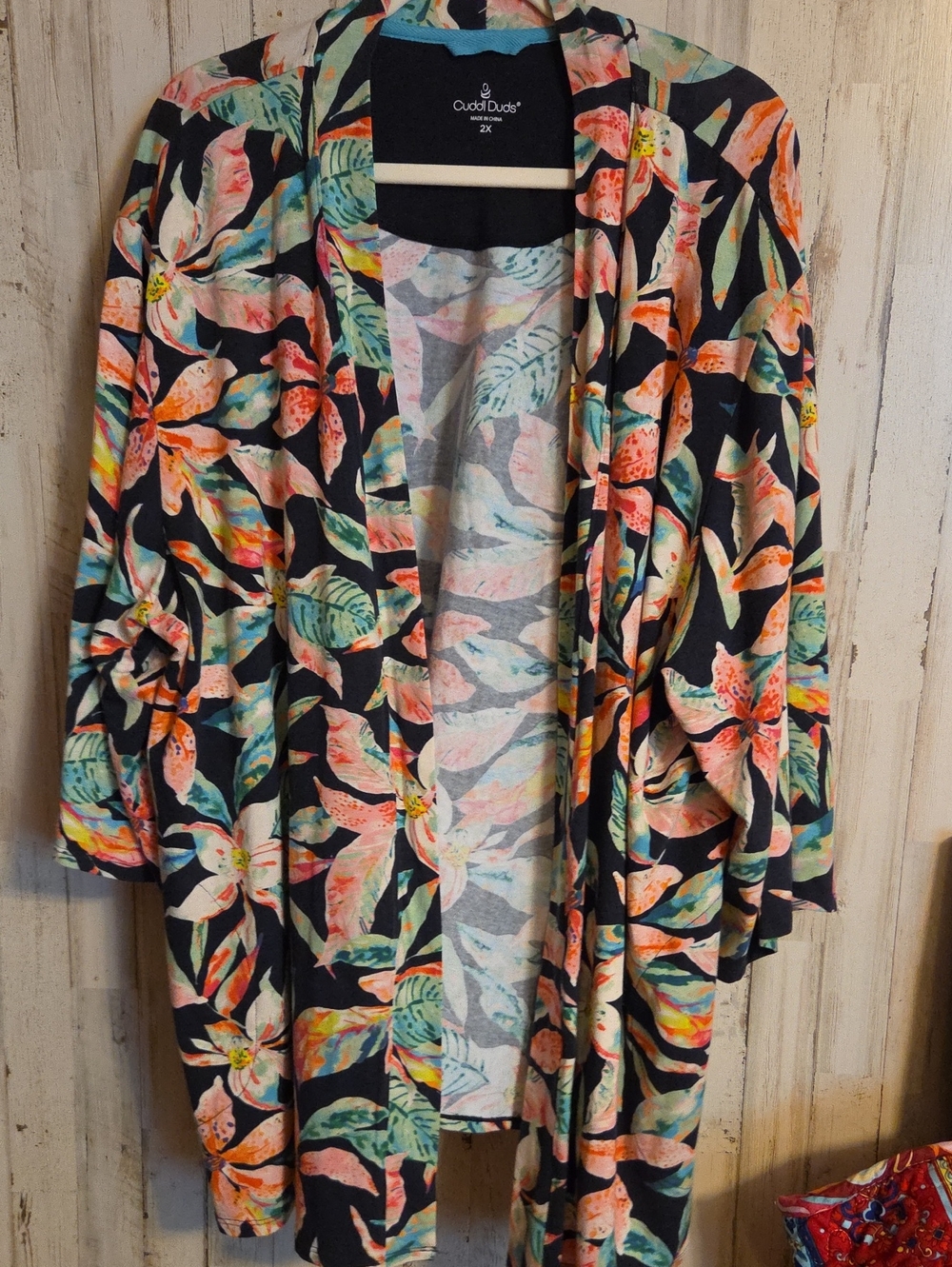 Cuddl Duds Black Floral Swim Cover-Up with Pink, Green & Orange Leaf Print